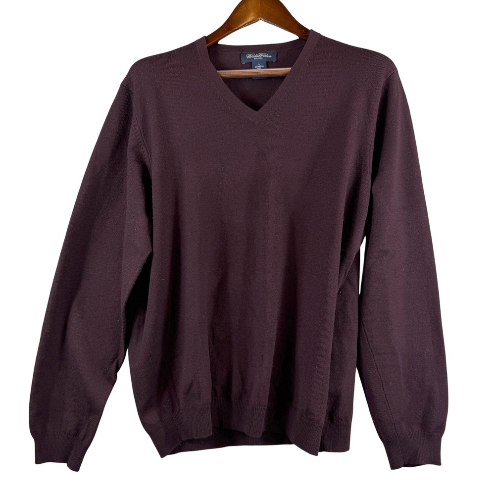 VTG Brooks Brothers Stretch Mens L Merino Wool V-Neck Sweater Burgundy Fine Knit